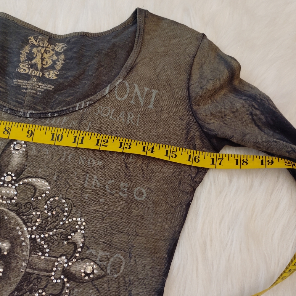 Y2K VELVET STONE ACID WASH TOP LONG SLEEVE EMBELLISHED FLEUR DE LIS BLING SMALL - Picture 2 of 10